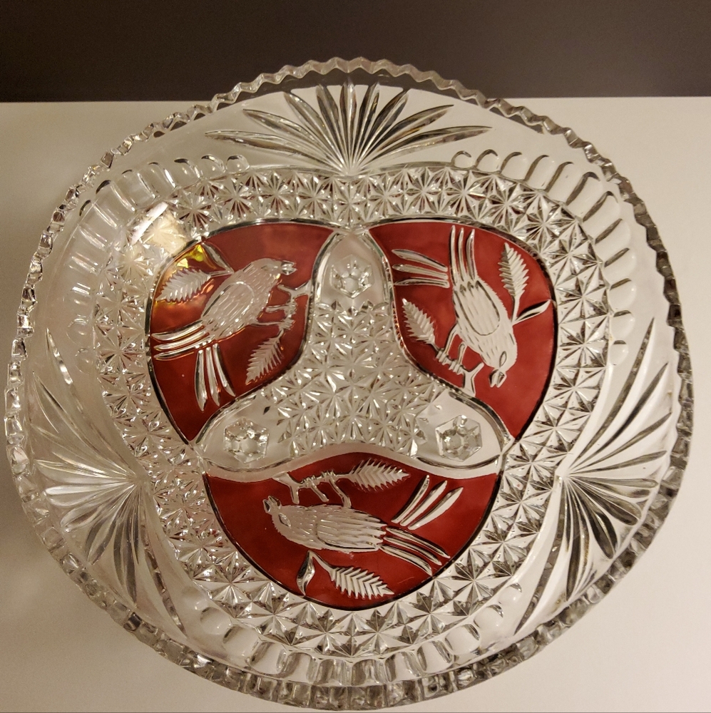German Hofbauer Lead Crystal Footed Bowl from Red Bird Collection